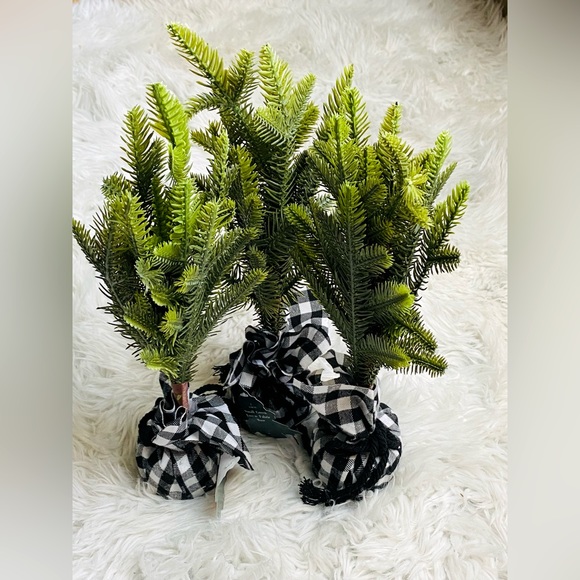 3 Small Green Trees With Plaid Fabric Weighted Base NEW - Picture 1 of 6